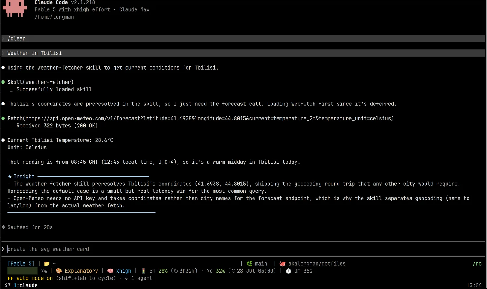 Claude Code session in tmux with the custom statusline